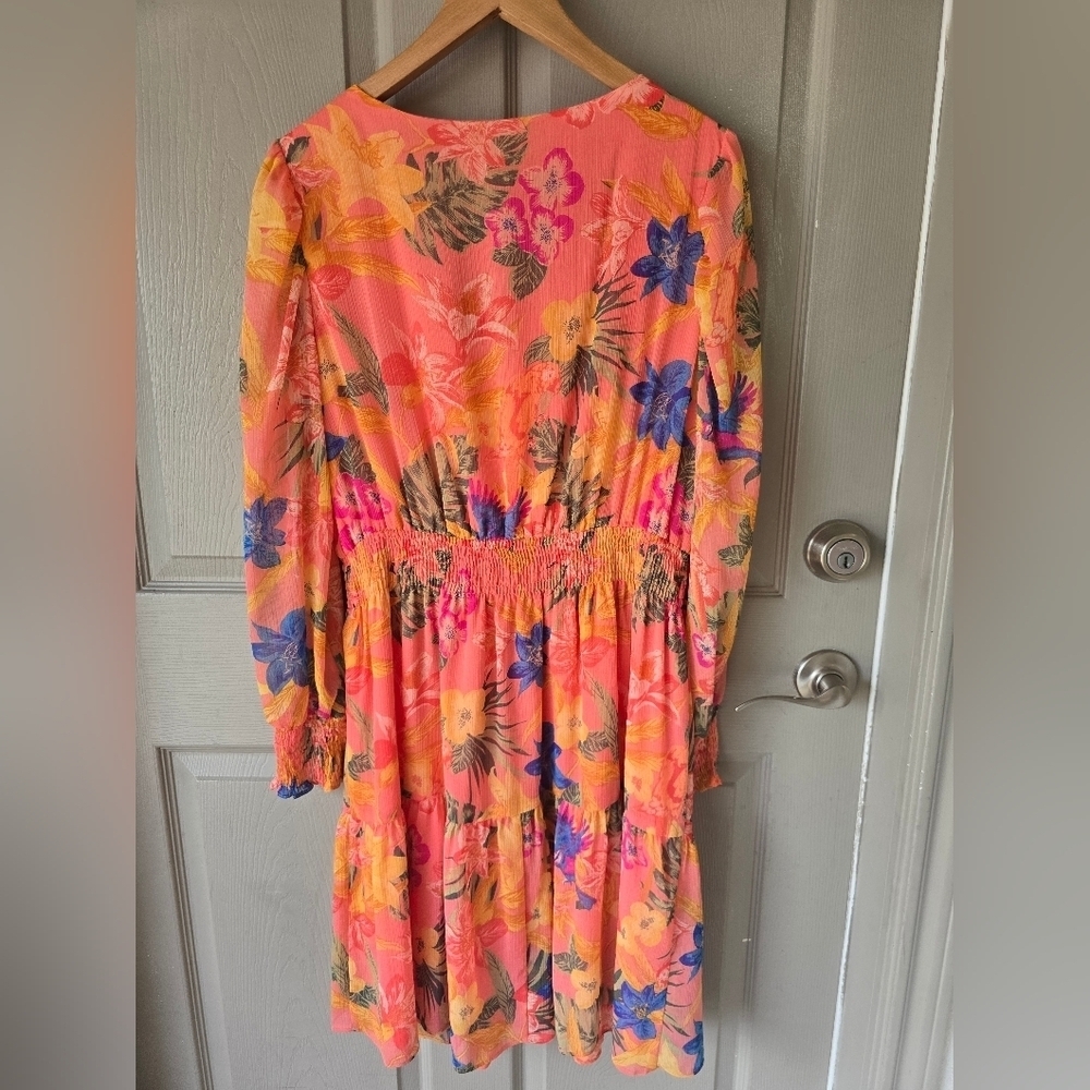 Anne Klein Floral Dress Sz 14 Women Long Sleeve Tiered Smocked Waist Fit Flare - Picture 13 of 15
